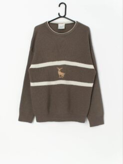 Vintage Wool Deer Jumper In Brown And White Large