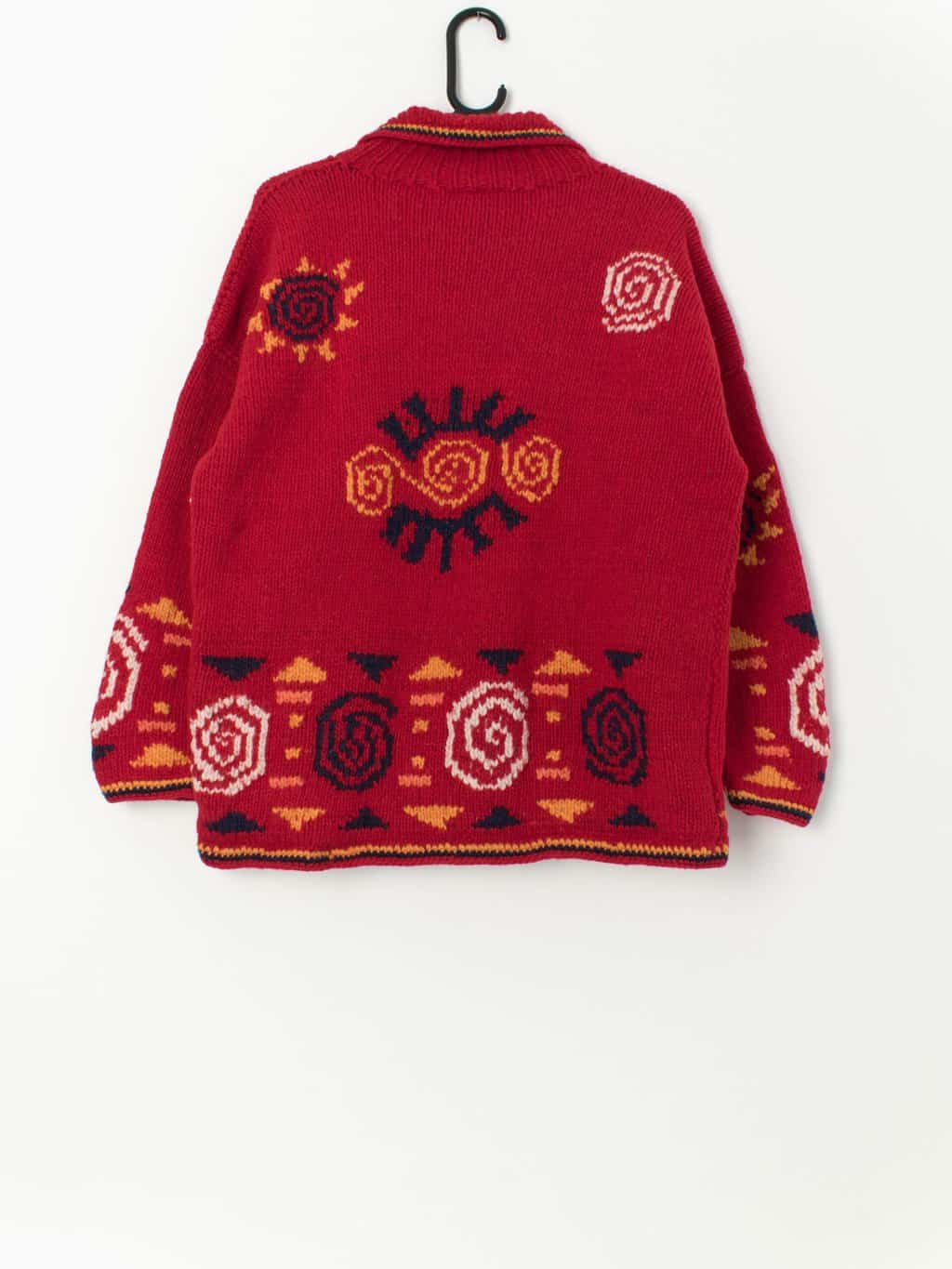 Pachamama red handmade knitted cardigan with abstract designs - Large - Image 3