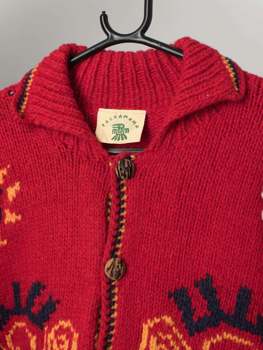 Pachamama red handmade knitted cardigan with abstract designs - Large - Image 2