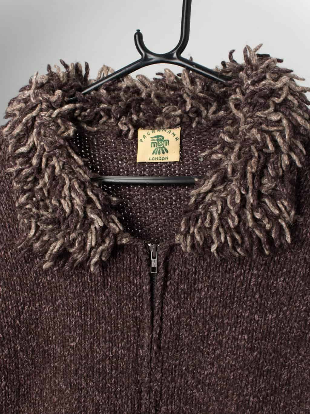 Vintage Pachamama handknitted jacket in purple with shaggy trim collar and cuffs - Large / XL - Image 2