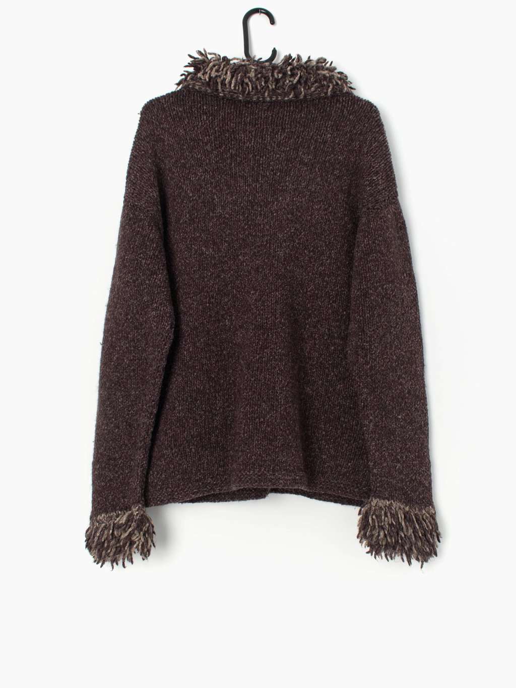 Vintage Pachamama handknitted jacket in purple with shaggy trim collar and cuffs - Large / XL - Image 3