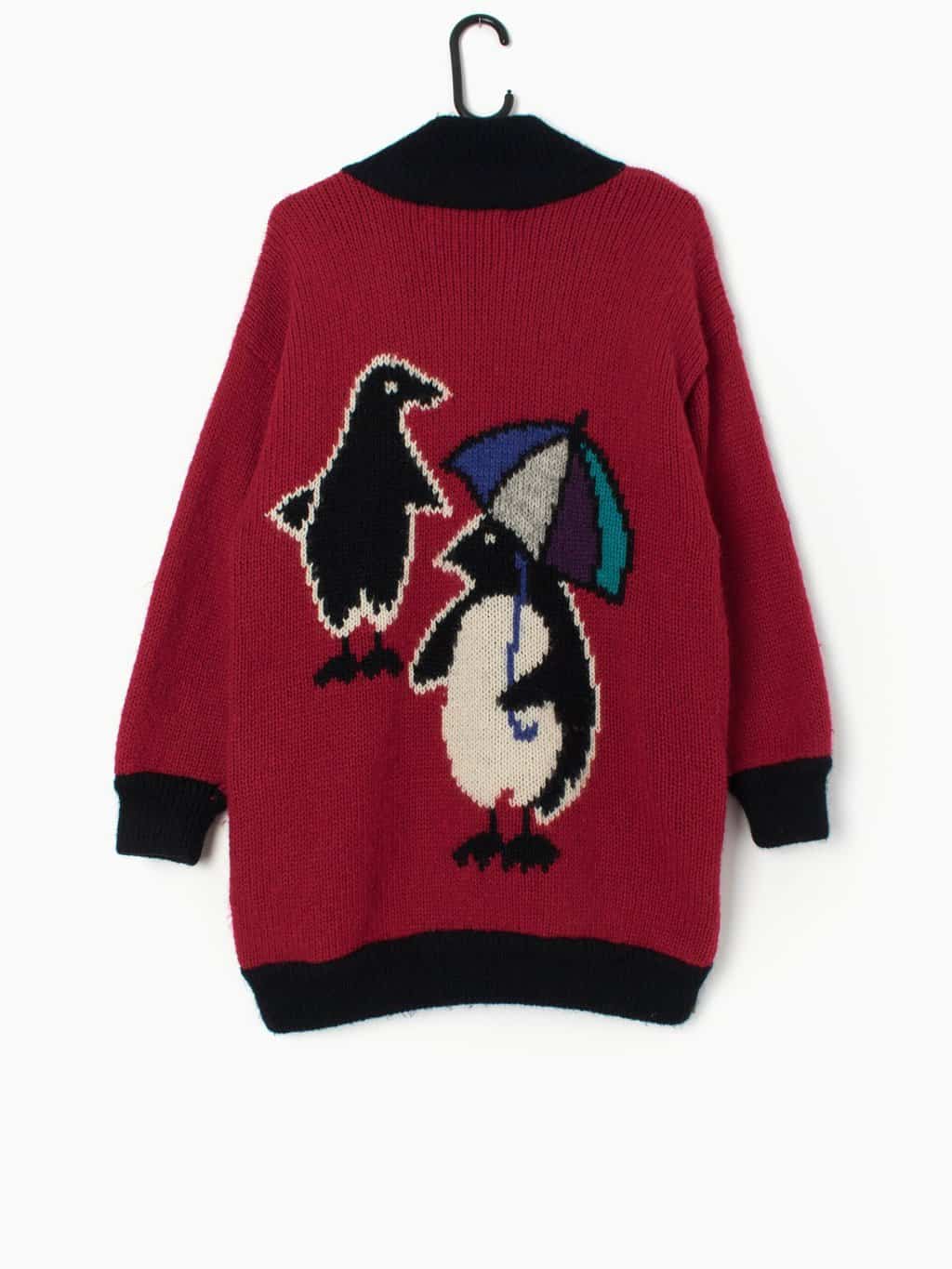 Vintage knitted penguin cardigan coat in red - M / L - Image 3