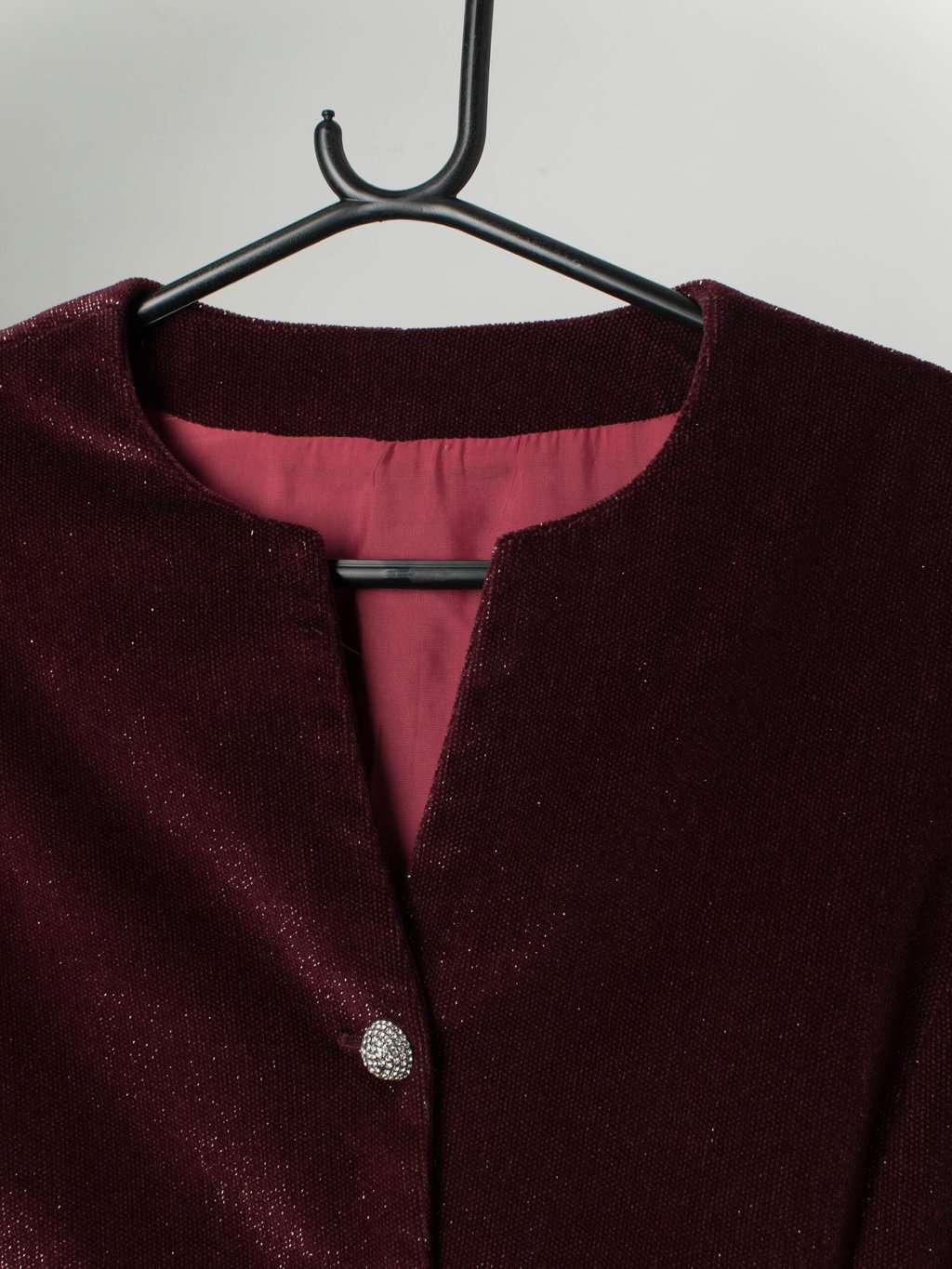 Vintage sparkly velvet jacket in deep red with stunning diamonte buttons - Small / Medium - Image 2