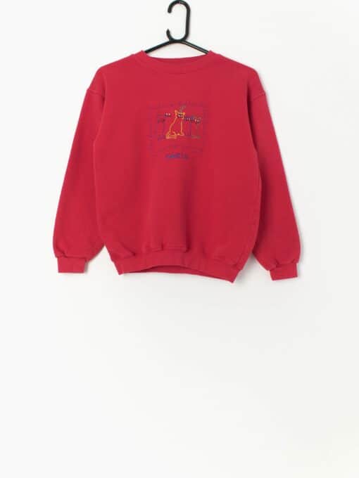 Vintage Cat Embroidered Sweatshirt In Red Age 12