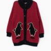Vintage Knitted Penguin Cardigan Coat In Red Medium Large
