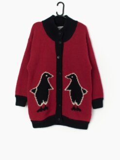 Vintage Knitted Penguin Cardigan Coat In Red Medium Large