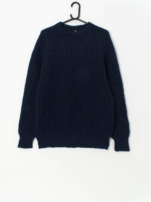 Vintage Men Chunky Navy Blue Knitted Jumper Small Medium