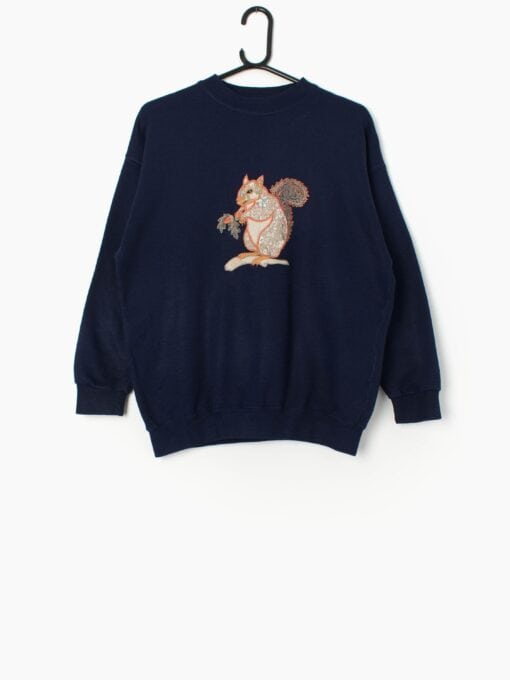 Vintage Navy Sweatshirt With Floral Applique Squirrel Medium
