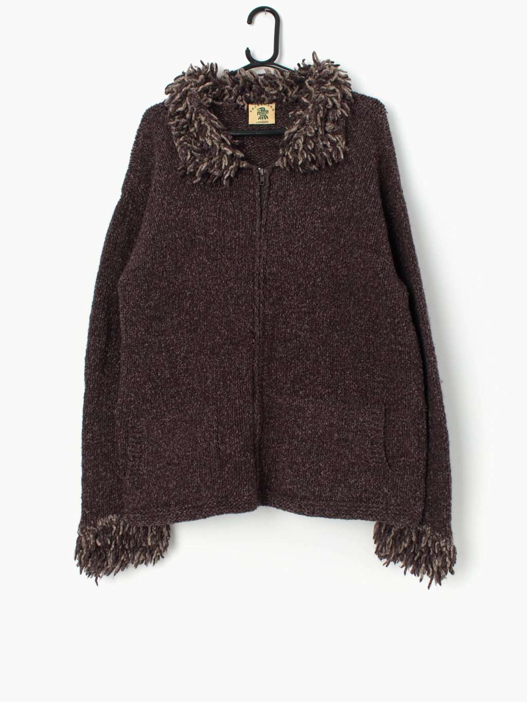 Vintage Pachamama Handknitted Jacket In Purple With Shaggy Trim Collar And Cuffs Large Xl