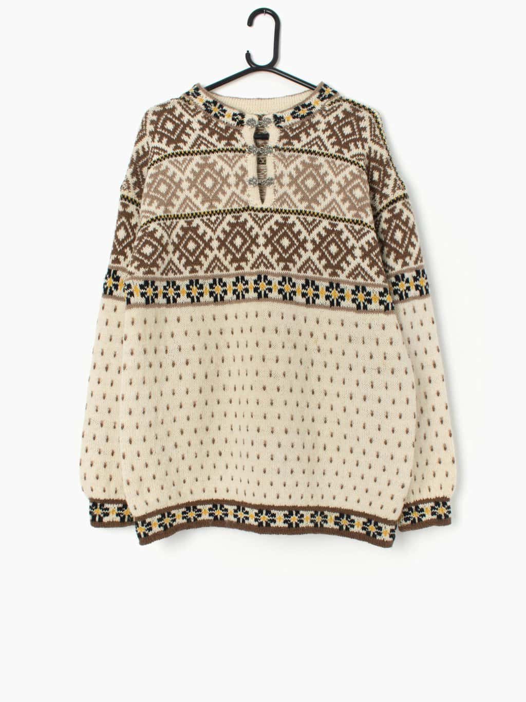 Vintage Scandinavian Jumper In Cream And Brown Medium Large