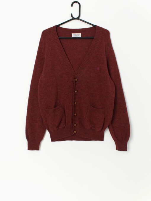 Vintage United Colours Of Benetton Men Wool Cardigan In Wine Red Small