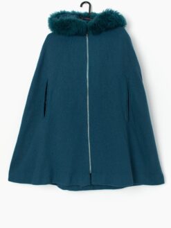 Vintage Wool Cape In Teal With Sheepskin Trim Hood One Size