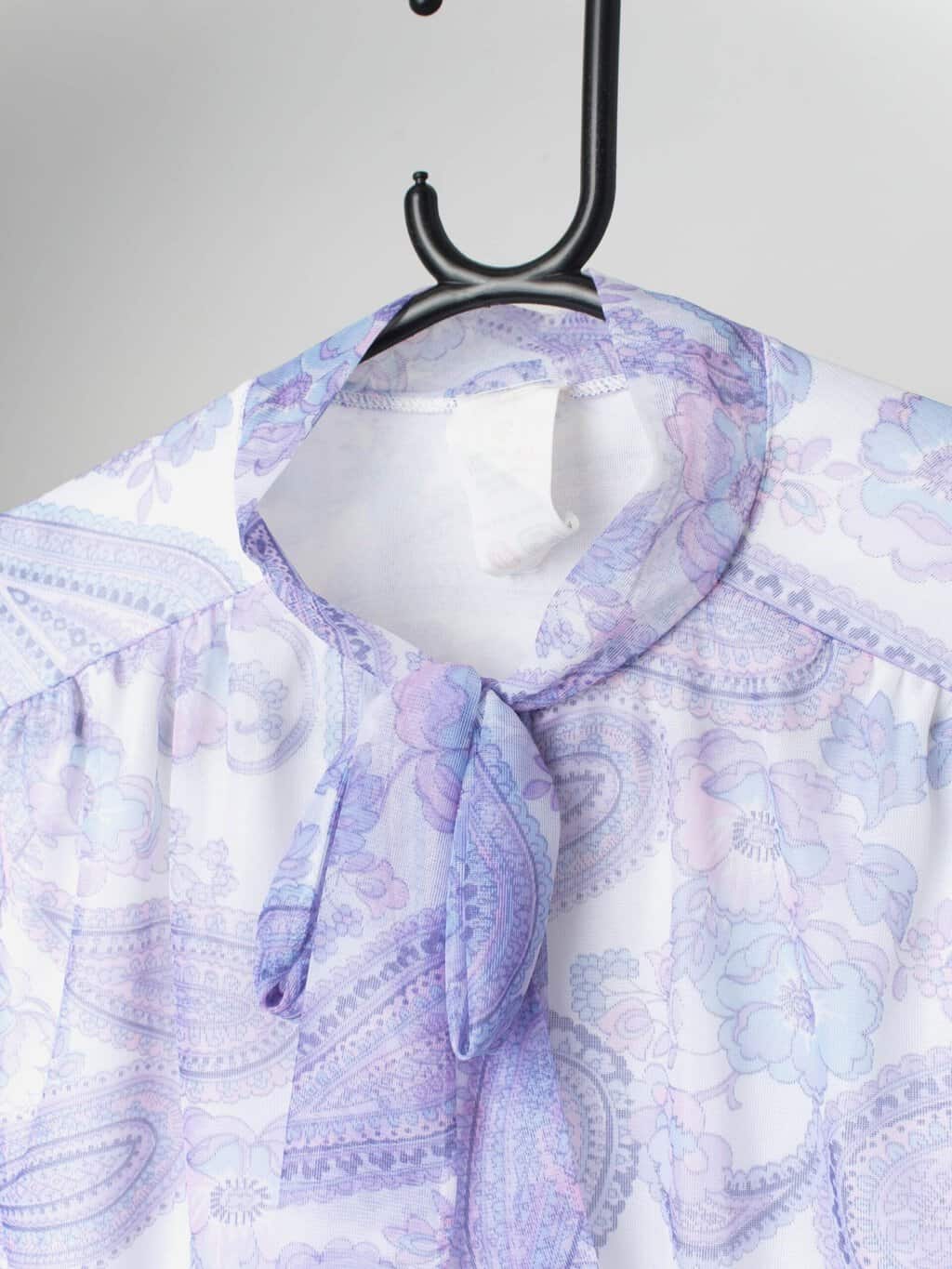 1970s Vintage St Michael Pussy Bow Blouse With Purple Floral Pattern Large 2