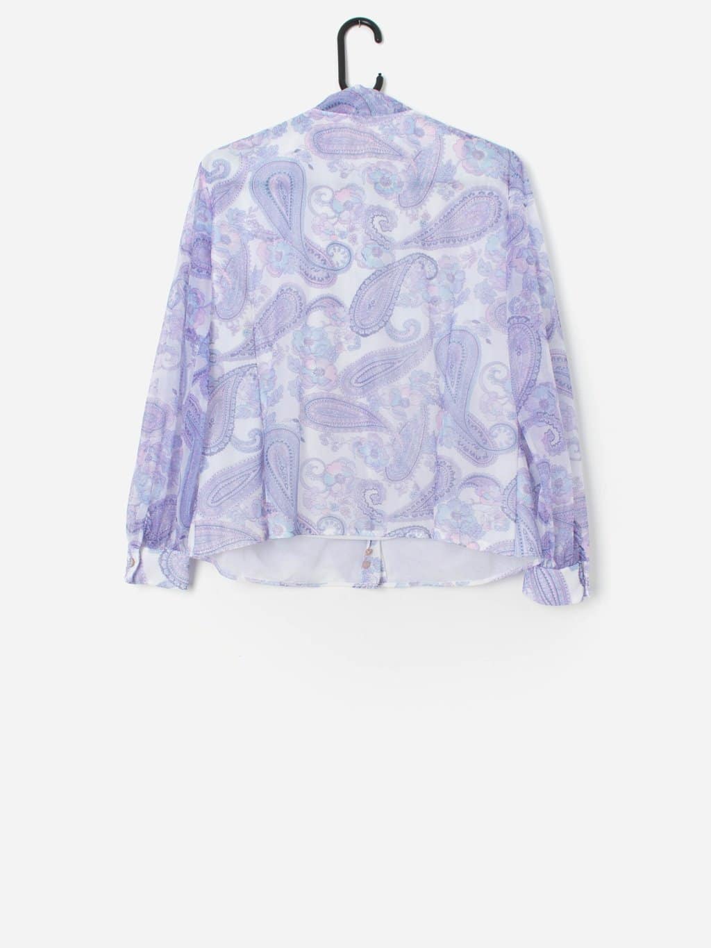 1970s Vintage St Michael Pussy Bow Blouse With Purple Floral Pattern Large