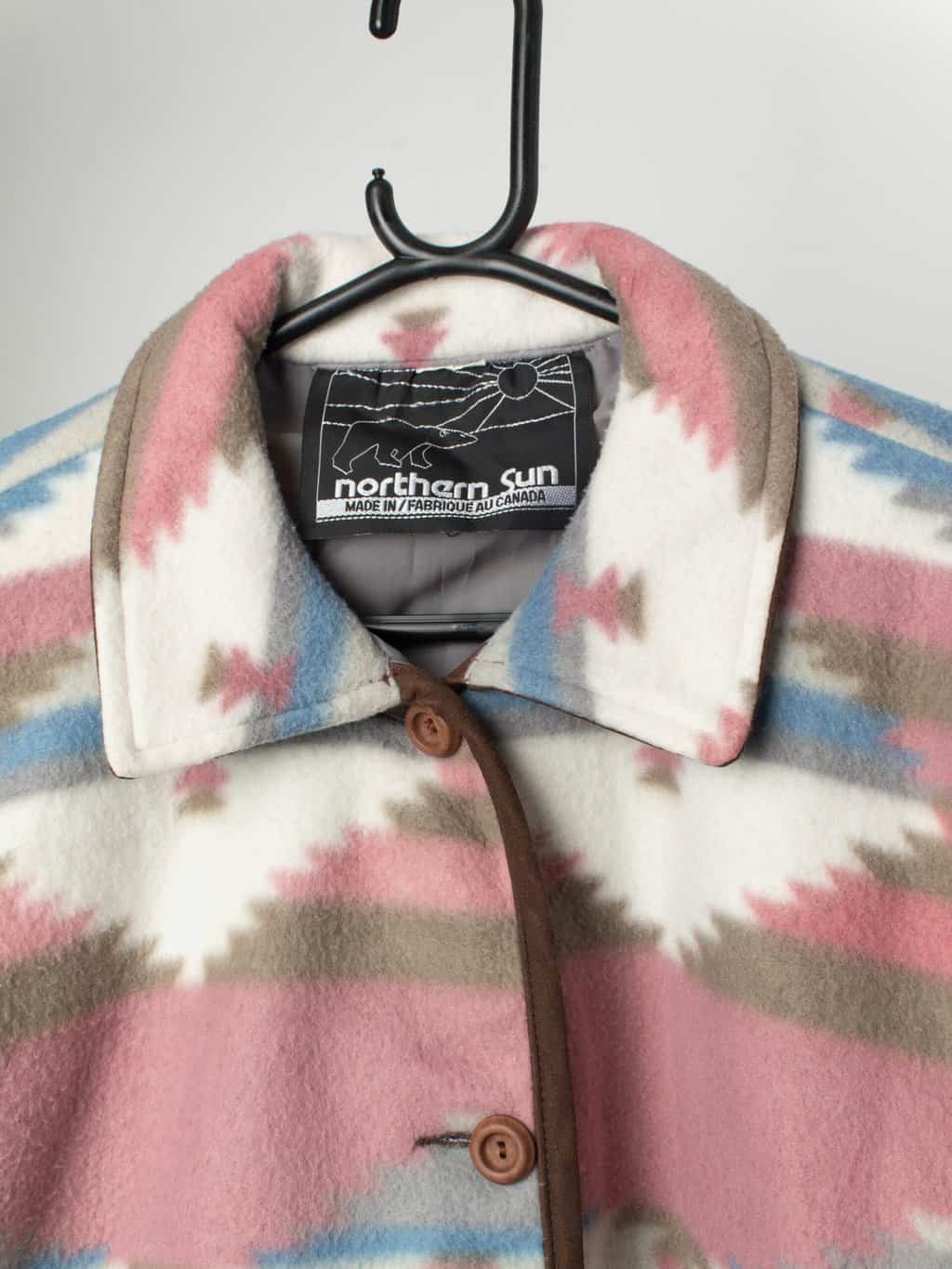 Vintage fleece blanket coat in pink with geometric design - Large - Image 2
