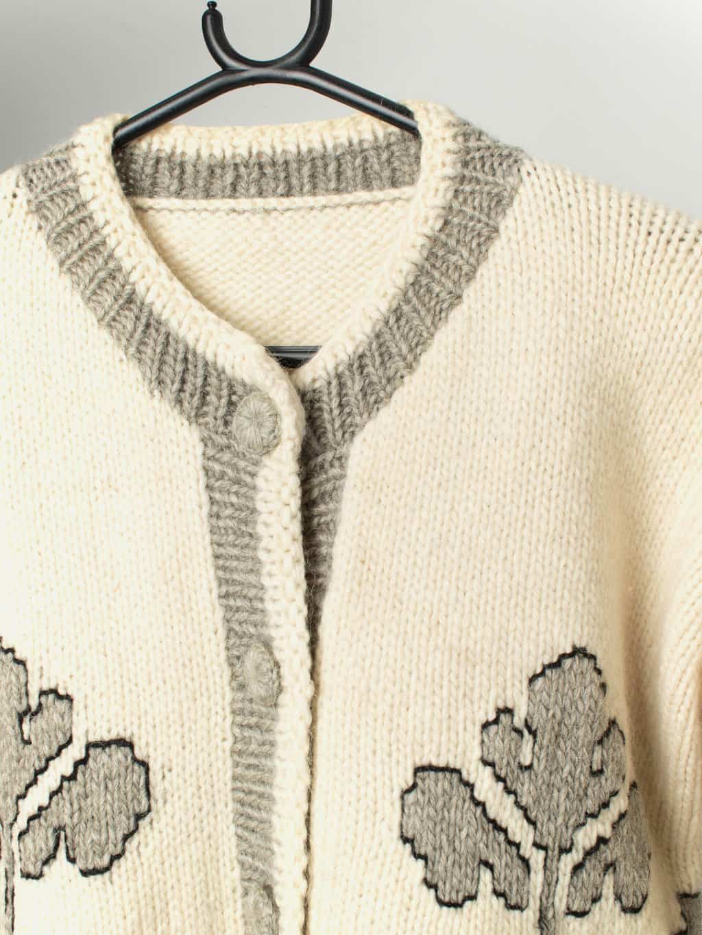 Vintage hand knitted wool cardigan coat in grey and white - Large - Image 2