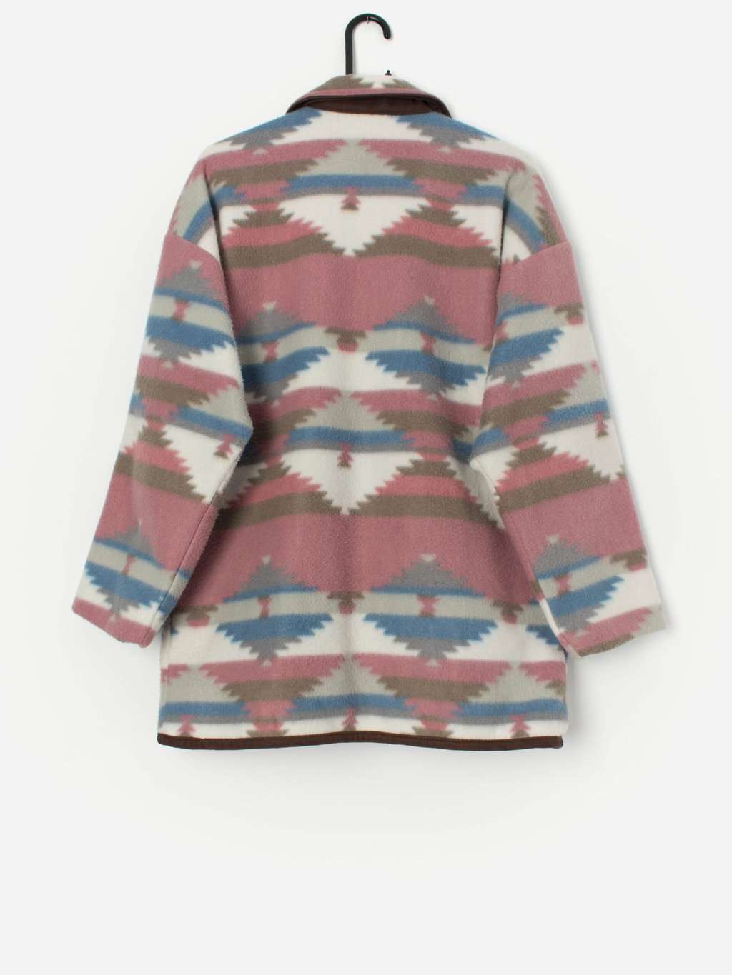 Vintage fleece blanket coat in pink with geometric design - Large - Image 3