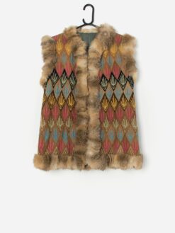 Vintage 1970s Embroidered Waistcoat With Fur Trim Medium