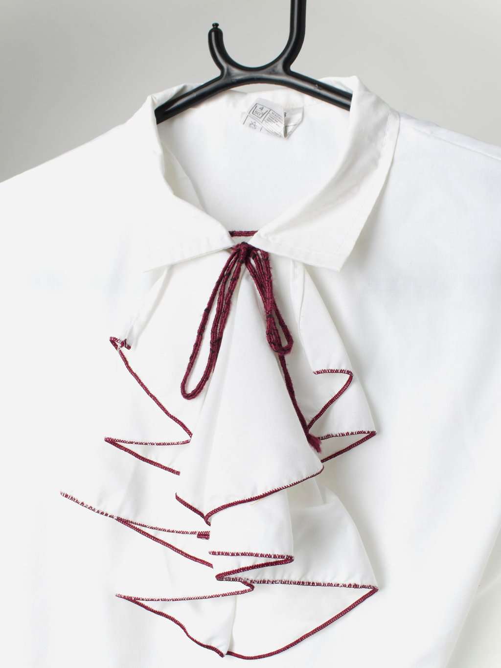 Vintage 1970s Ruffle Front Blouse Tunic In White And Burgundy Red Trim Medium 4