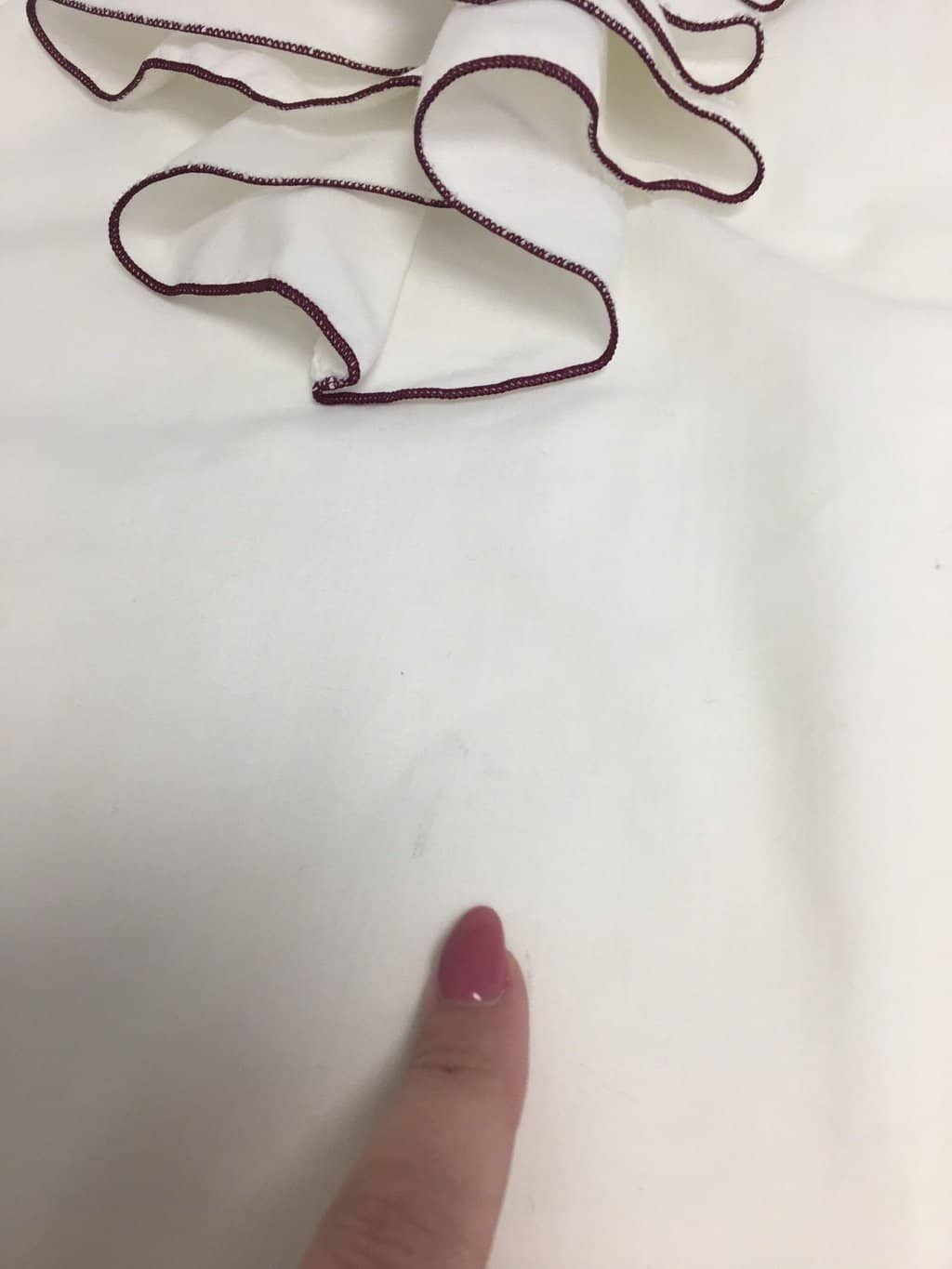 Vintage 1970s Ruffle Front Blouse Tunic In White And Burgundy Red Trim Medium