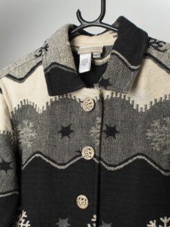Vintage Black And White Tapestry Jacket With Snowflake Design Medium 2