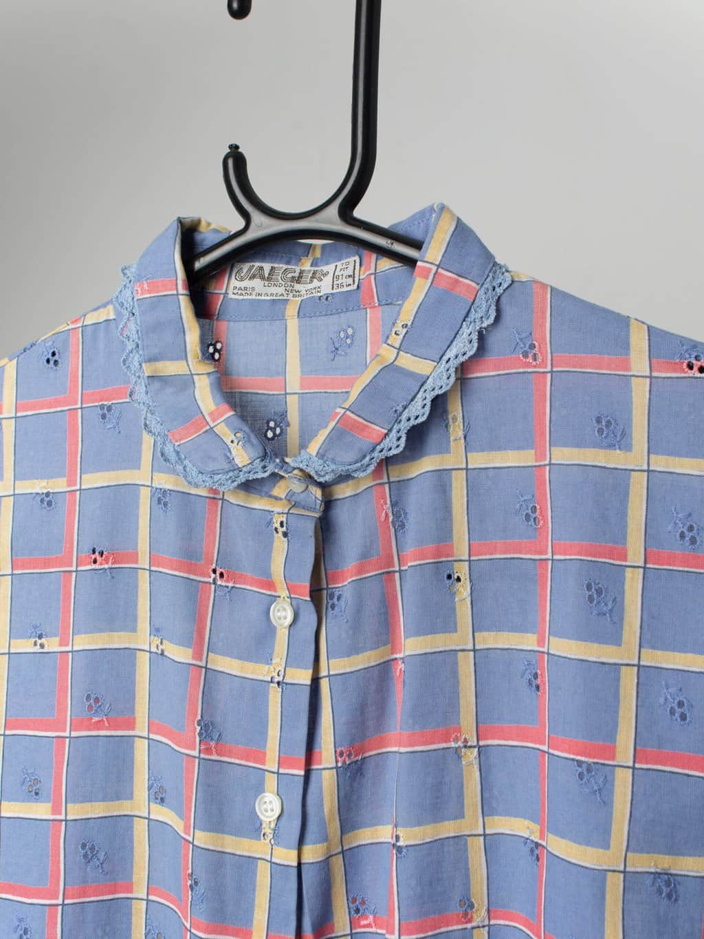 Vintage Blue Checked Blouse With Lace Collar By Jaeger Small Medium 2