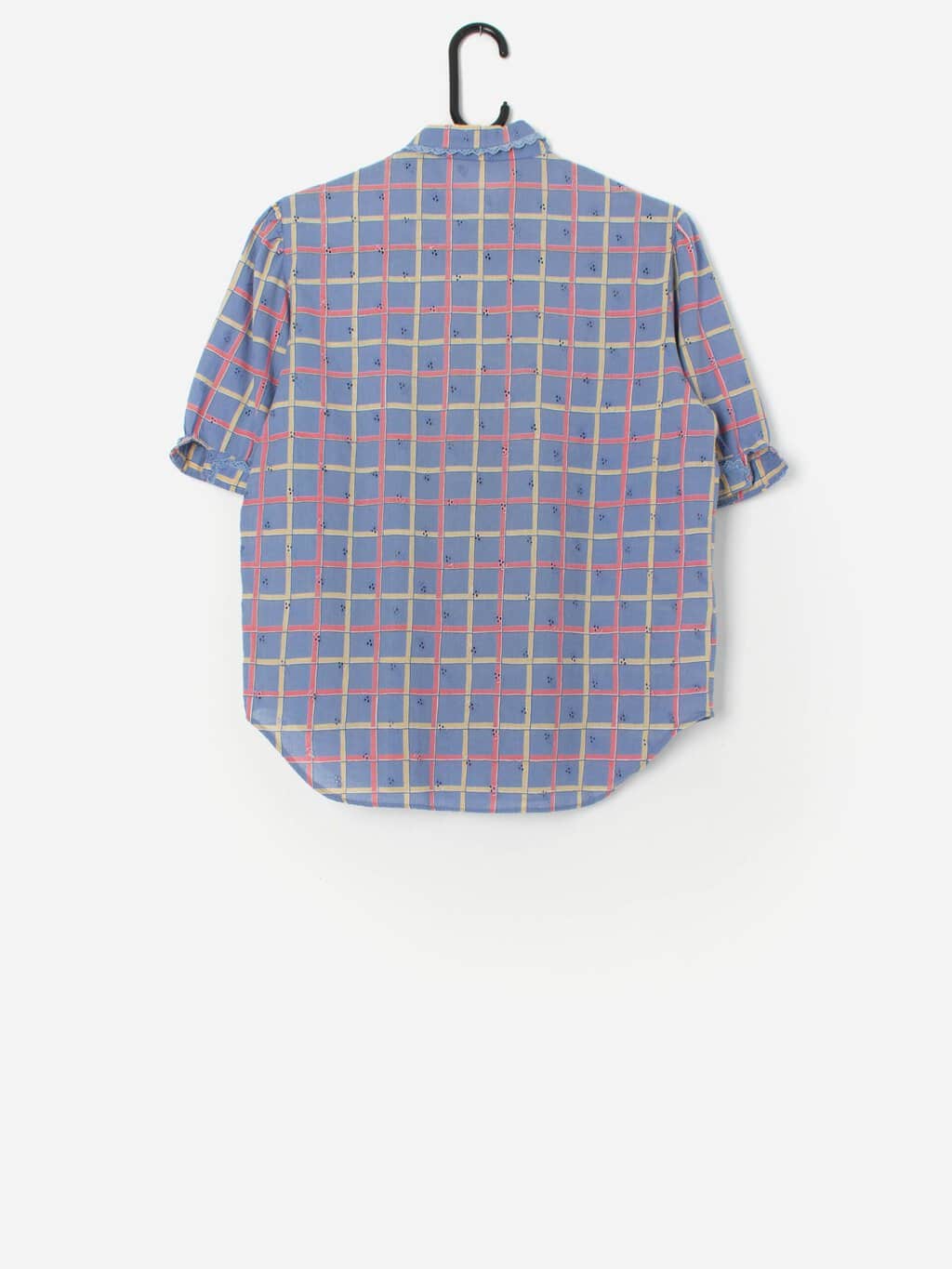 Vintage Blue Checked Blouse With Lace Collar By Jaeger Small Medium