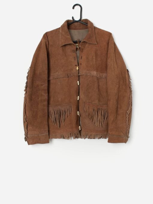 Vintage Brown Suede Fringed Jacket With Pockets Large 6