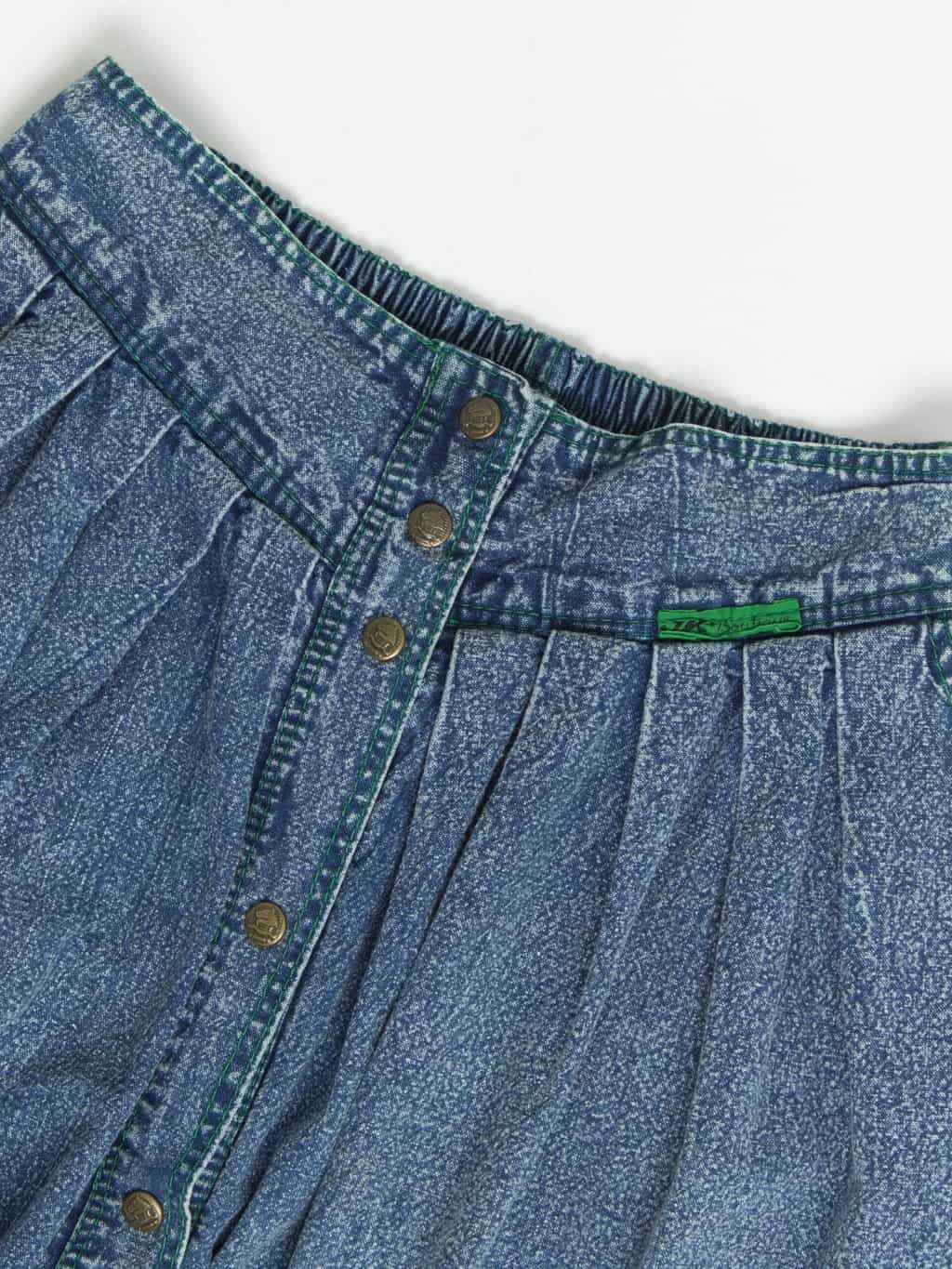 Vintage Button Through Denim Skirt With Green Piping Small Medium 3