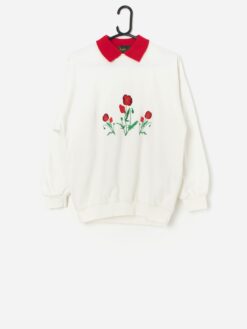 Vintage Collared Sweatshirt With Embroidered Red Poppies Medium 5