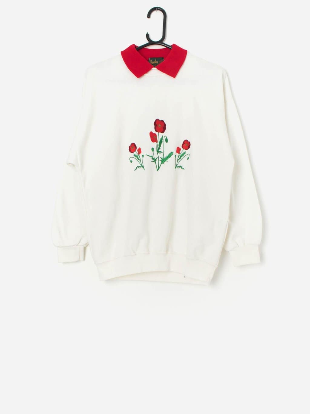 Vintage Collared Sweatshirt With Embroidered Red Poppies Medium 5