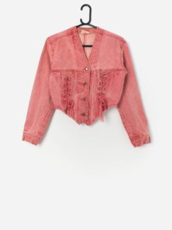 Vintage Cropped Red Denim Jacket With Lace Up Detail Small