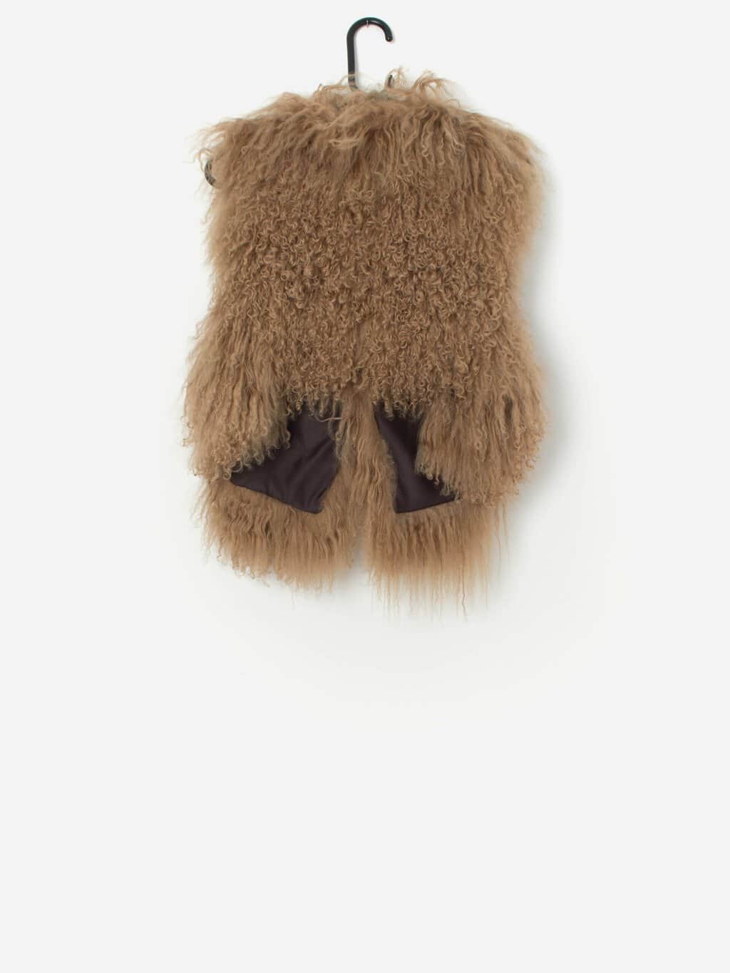 Vintage Curly Sheepskin Gilet In Pastel Brown Small