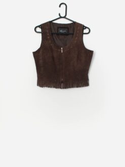 Vintage Dark Brown Suede Vest With Fringe Detail Small Medium 3