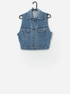 Vintage Denim Vest In Light Blue With Crochet Collar And Pockets Small