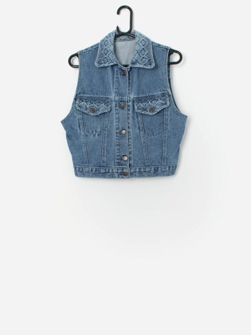 Vintage Denim Vest In Light Blue With Crochet Collar And Pockets Small