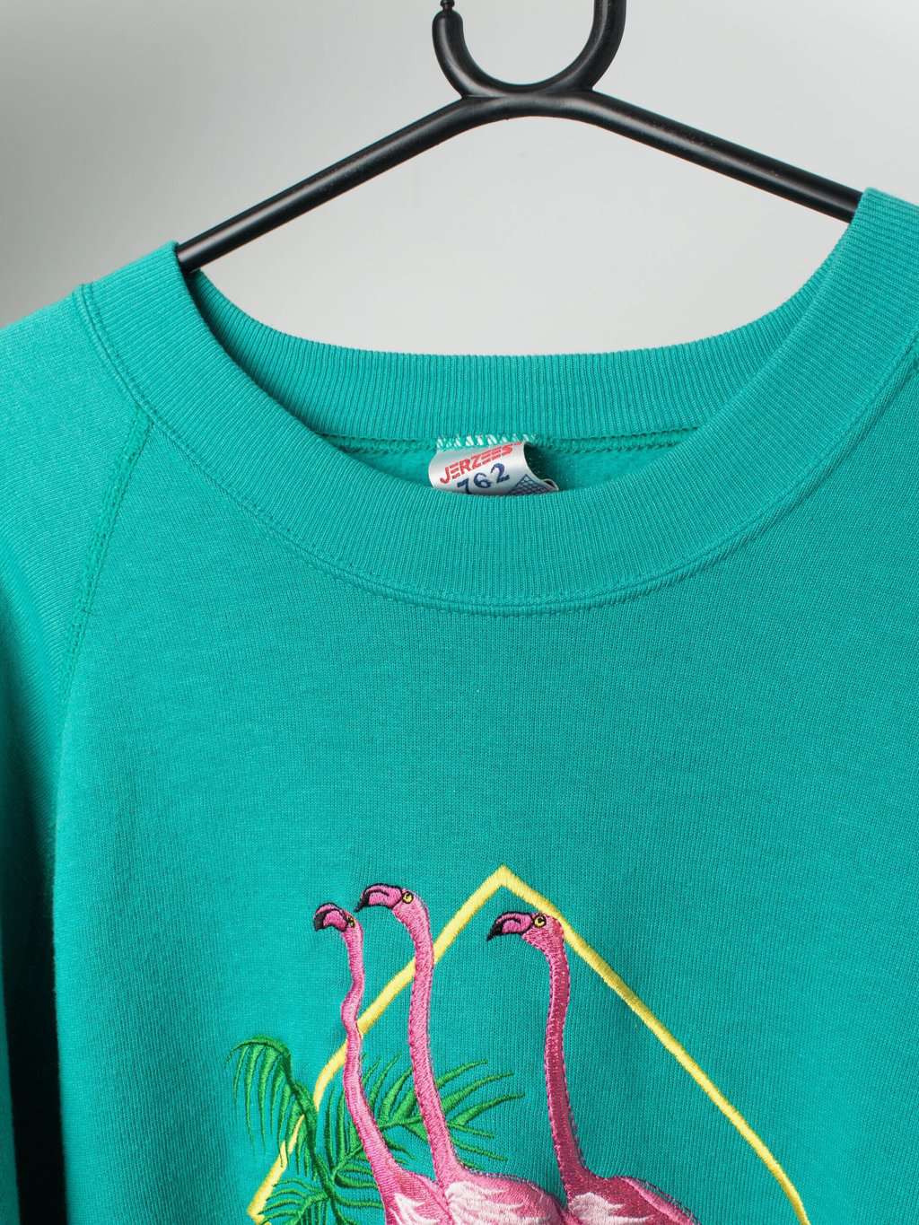 Vintage Embroidered Pink Flamingo Sweatshirt In Aqua Blue Large Xl 2