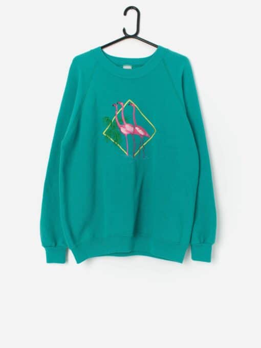 Vintage Embroidered Pink Flamingo Sweatshirt In Aqua Blue Large Xl 3