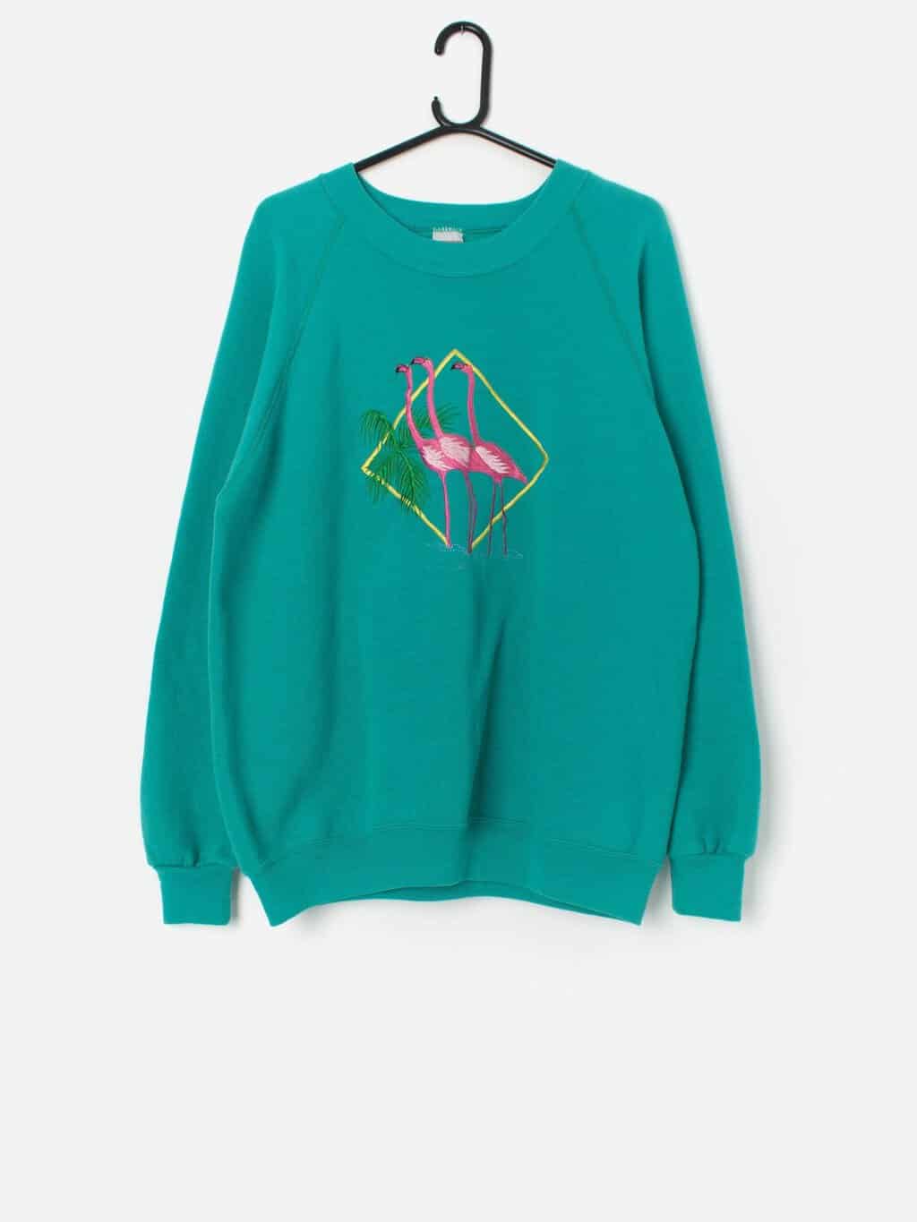 Vintage Embroidered Pink Flamingo Sweatshirt In Aqua Blue Large Xl 3