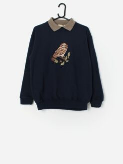 Vintage Embroidered Sweatshirt In Navy Blue With Owl Design Small Medium 3