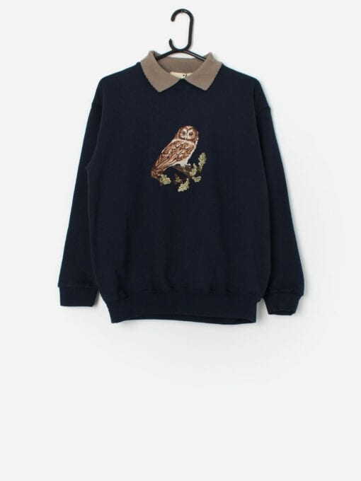Vintage Embroidered Sweatshirt In Navy Blue With Owl Design Small Medium 3