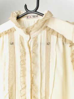 Vintage Escada Fine Wool Ruffle Blouse With Sheer Lace Panels Large 3