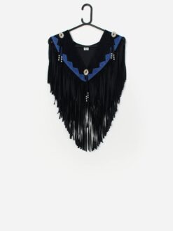 Vintage Faux Suede Fringed Collar In Black And Cobalt Blue Western Style Free Size 4
