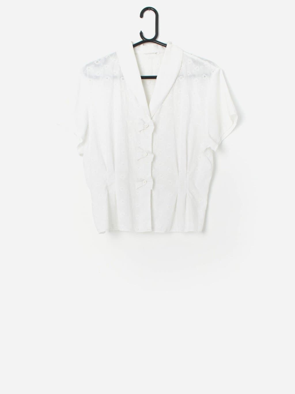 Vintage Floral Blouse In White With Bow Buttons Medium Large 4