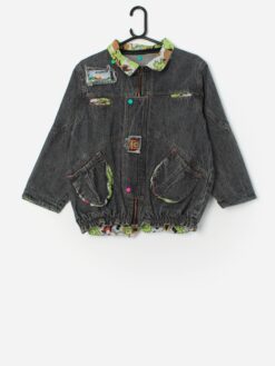 Vintage Grey Denim Jacket With Colourful Patches Xs