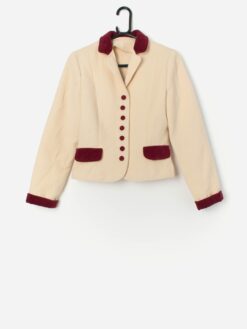 Vintage Handmade Cream Jacket With Red Velvet Details Xs 6