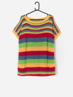 Vintage Handmade Crochet Mini Dress With Colourful Horizontal Stripes Large 3