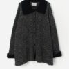 Vintage Irish Wool Longline Cardigan In Dark Grey With Black Collar Medium Large