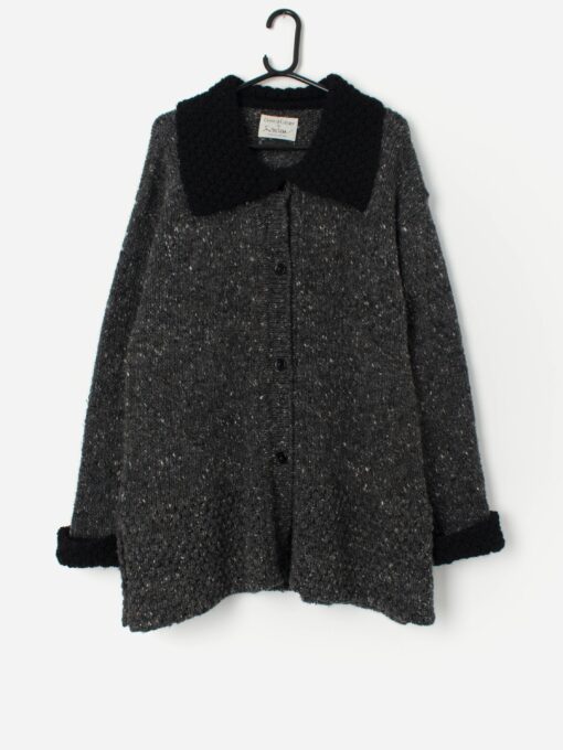 Vintage Irish Wool Longline Cardigan In Dark Grey With Black Collar Medium Large