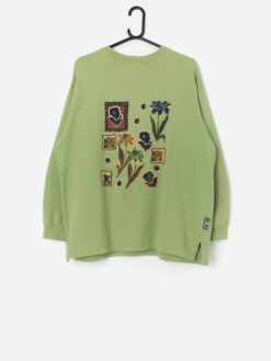 Vintage Light Green Sweatshirt With Arty Florals Medium Large 6